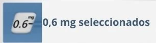 Dettaglio di un dispositivo medico con la scritta 0,6 mg su fondo bianco e il testo 0,6 mg selezionati accanto su sfondo blu e bianco