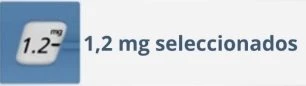 Schermata digitale con un tasto bianco che indica 1,2 mg su sfondo blu e la scritta testuale 1,2 mg selezionati in nero su fondo bianco