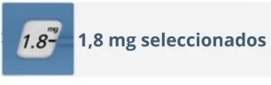Riquadro blu con display digitale che indica 1,8 mg accanto alla scritta in nero 1,8 mg selezionati su sfondo bianco