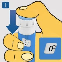 Una mano gialla tiene un flaconcino blu con una freccia blu rivolta verso il basso e un dettaglio ingrandito che mostra il dosaggio di 0,6 mg