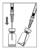Schema tecnico che mostra una siringa con ago rivolto verso il basso per aspirare liquido da un flaconcino e una seconda siringa inclinata