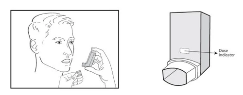 Drawing of a man holding a medical device and detail of the device with an arrow pointing to it