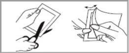 Disegno tecnico che mostra una mano che taglia un contenitore con le forbici e un