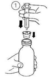 Una mano tiene una siringa e la punta è diretta verso il tappo di un flacone di medicinale tenuto dall'altra mano