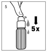 Una mano preme il dosatore di un flacone con una freccia verso il basso e il simbolo 5x accanto a due gocce di liquido che cadono