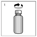 Black and white illustration of a bottle with a cap and a curved arrow above indicating clockwise rotational movement