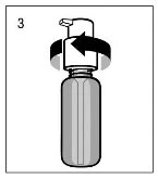 Technical illustration of a bottle with a cap being rotated to the left, indicated by a black circular arrow on a white background
