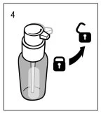 Diagram showing the rotational movement of a cap on a medical bottle, indicated by a curved arrow between icons of a locked and unlocked padlock