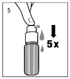 A hand pressing down the dispenser of a spray bottle five times, with droplets emerging from the nozzle next to a black arrow