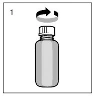Numbered illustration with a curved arrow indicating clockwise rotation movement above the cap of a medical bottle
