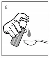 A hand holding a tilted bottle to let a drop of liquid fall into a spoon placed underneath, with the number 8 in the top left corner