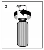 Technical drawing of a bottle with a cap being turned counterclockwise, indicated by a black circular arrow on a white background