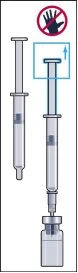 Diagramma che mostra una siringa vuota accanto a una siringa con ago inserito in un flaconcino di farmaco con un simbolo di divieto sopra una mano