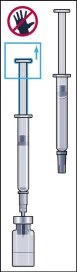 Diagramma medico che mostra una siringa con un simbolo di divieto sopra lo stantuffo e una siringa che preleva liquido da un flaconcino di vetro