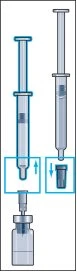 Diagramma che mostra due siringhe trasparenti con frecce blu che indicano il movimento di inserimento del cappuccio nella fiala di farmaco