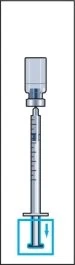 Syringe with needle connected to a glass vial, with a blue arrow pointing downward indicating downward movement of the plunger