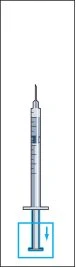 Medical syringe with metallic needle and graduated barrel, with a slider moving downward as indicated by a blue arrow