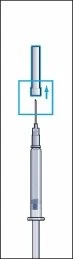 Technical diagram of a syringe with an upper component being inserted into the