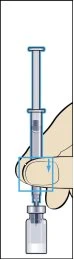 A hand holding a syringe vertically with the needle inserted into a glass vial for drug withdrawal