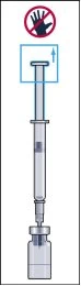 Diagram showing a syringe connected to a vial with a prohibition symbol over the plunger indicating not to pull it upward