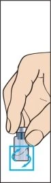 A hand holding a glass vial and rotating it clockwise or counterclockwise as indicated by two blue curved arrows