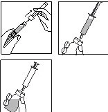 Three diagrams show the steps for preparing and using a syringe, with a hand holding the device and administering an injection