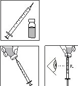 Technical drawing of a syringe with a needle next to a vial, and instructions for drawing up liquid and checking the dosage visually