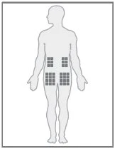 Gray silhouette of a standing human body with eight small gray squares symmetrically arranged on the torso area