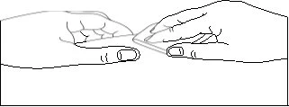 Two hands gently holding and separating a small rectangular object or a thin medical device against a white background