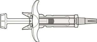 Black and white technical drawing of a syringe with plunger, cylindrical barrel, and central flange for manual grip