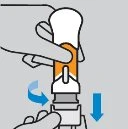 A hand holds a white and orange medical device as it approaches the skin for application