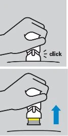 Two-step illustration showing a hand pressing a medical device until a click is felt, then lifting it away
