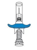 Technical drawing of a medical device with a transparent cylindrical upper container and a blue base with a lower screw mechanism