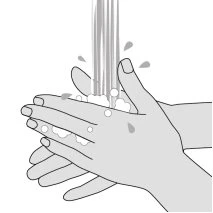 Two gray hands washing under a vertical stream of water creating foam and scattered droplets on a white background