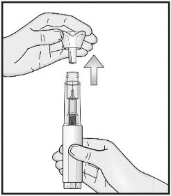Two hands separating an upper protective cap from a medical injection pen with an arrow pointing upward