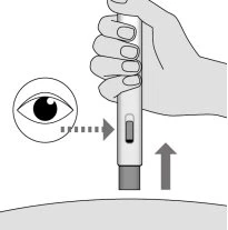 Drawing of a hand holding a medical device while an eye observes the transparent window and an arrow indicates movement toward the device