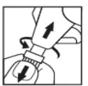 Disegno tecnico che mostra il movimento di rotazione e pressione di un dispositivo medico applicato sulla pelle con frecce direzionali nere
