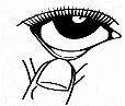 Disegno in bianco e nero di un occhio aperto con lunghe ciglia sopra un dito che tocca la parte inferiore della palpebra inferiore