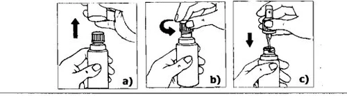 Tre diagrammi mostrano come rimuovere il cappuccio, ruotarlo per sbloccarlo e inserire l'ago