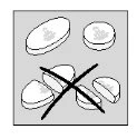 Disegno di due compresse intere in alto e quattro frammenti di compresse spezzate in basso con una grande croce nera sopra i pezzi rotti
