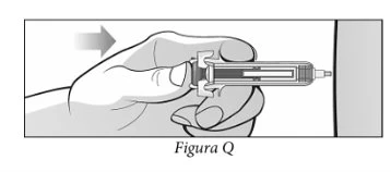 Una mano tiene una siringa orizzontale con una freccia che indica il movimento verso una superficie verticale per l