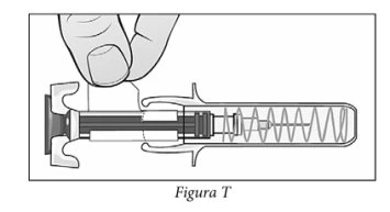 Disegno tecnico di una mano che impugna una siringa preriempita con pistone e meccanismo interno a molla per l