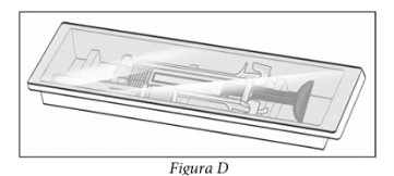 Black and white technical drawing of a pre-filled syringe contained within