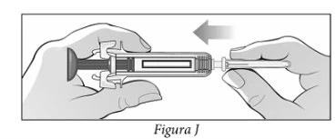 Two hands handling a syringe, with the left hand holding the body and the right hand moving a component to the left via an arrow