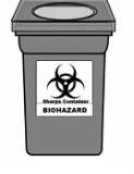 Contenitore grigio per materiali taglienti con simbolo di rischio biologico e scritta BIOHAZARD su un lato