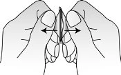 Due mani tengono e stringono tra le dita un piccolo oggetto scuro con frecce nere che indicano un movimento laterale di apertura e chiusura