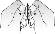Two hands grasping and squeezing a thin vertical object with black arrows indicating lateral pulling movements
