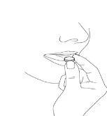 Thin-line drawing of a hand holding a tablet near the lips of a person ready to take the medication