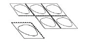 Schematic drawing of six oval tablets arranged on two separate leaflets with dashed lines indicating separation