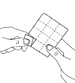 Two hands separating a small square from a sheet of adhesive patches with a grid of dashed lines on a white background